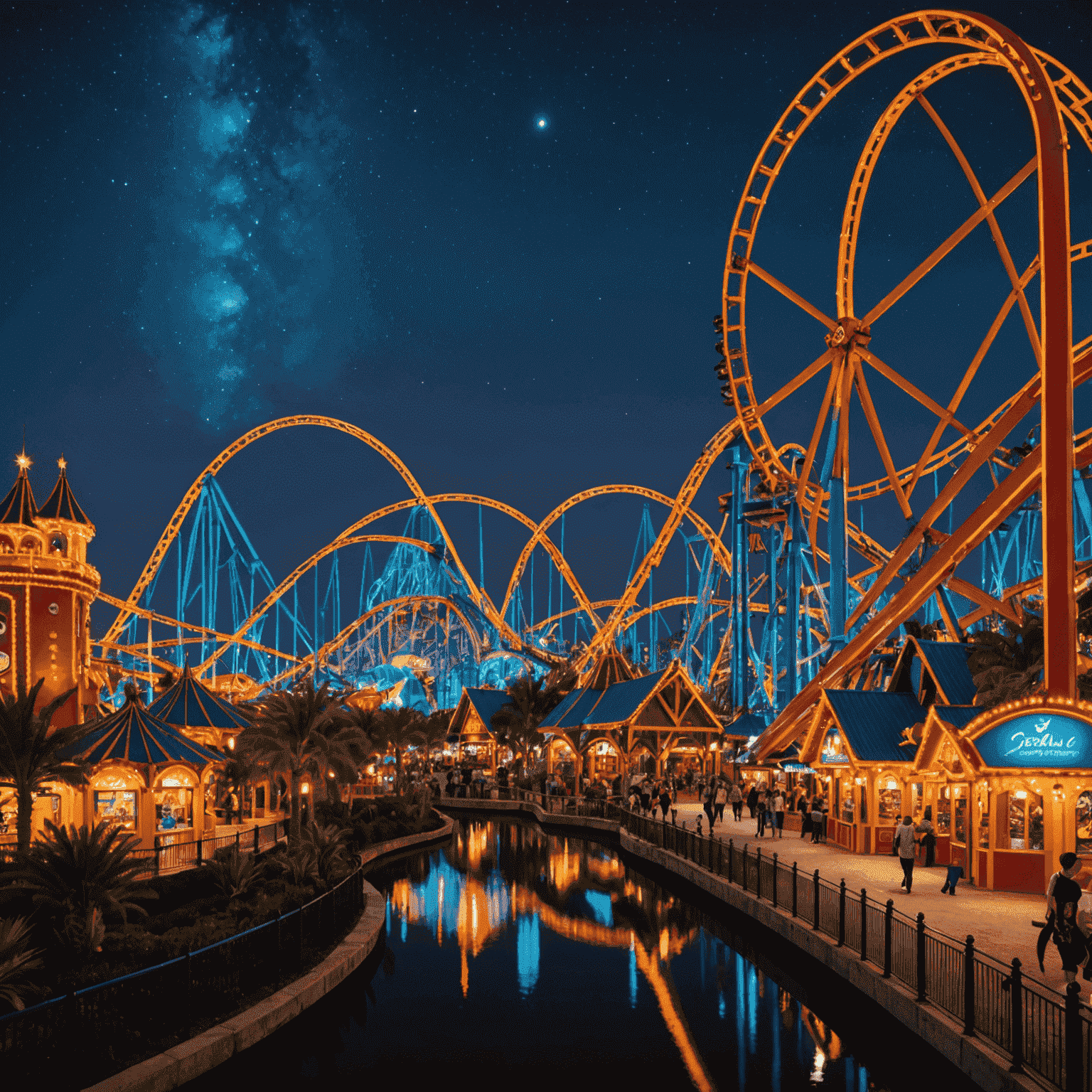 IMG Worlds of Adventure at night, illuminated with colorful lights. Roller coasters and attractions visible against a starry sky, creating a magical atmosphere.