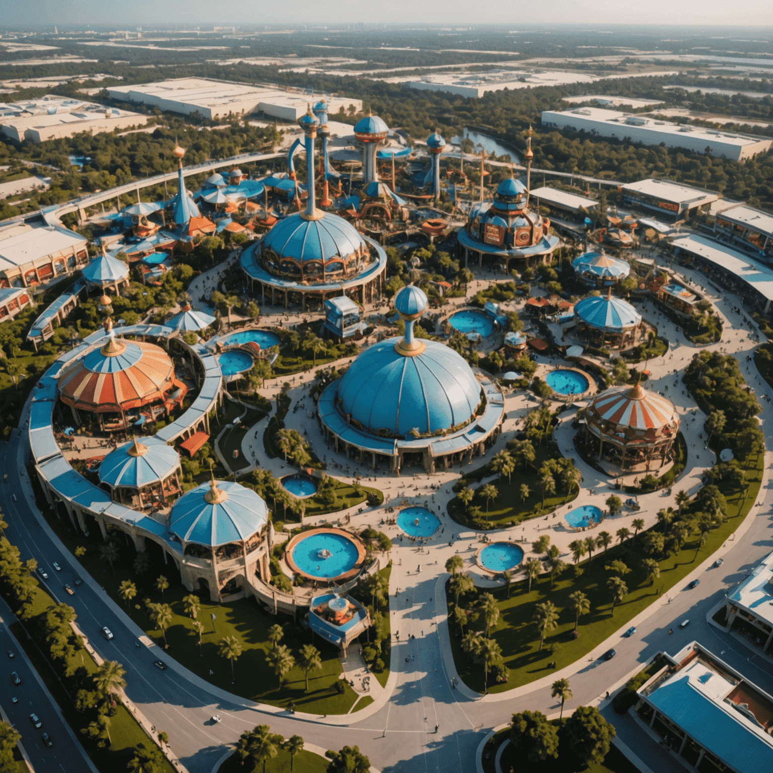 Aerial view of IMG Worlds of Adventure with crowds of visitors entering the park, showcasing its massive scale and popularity