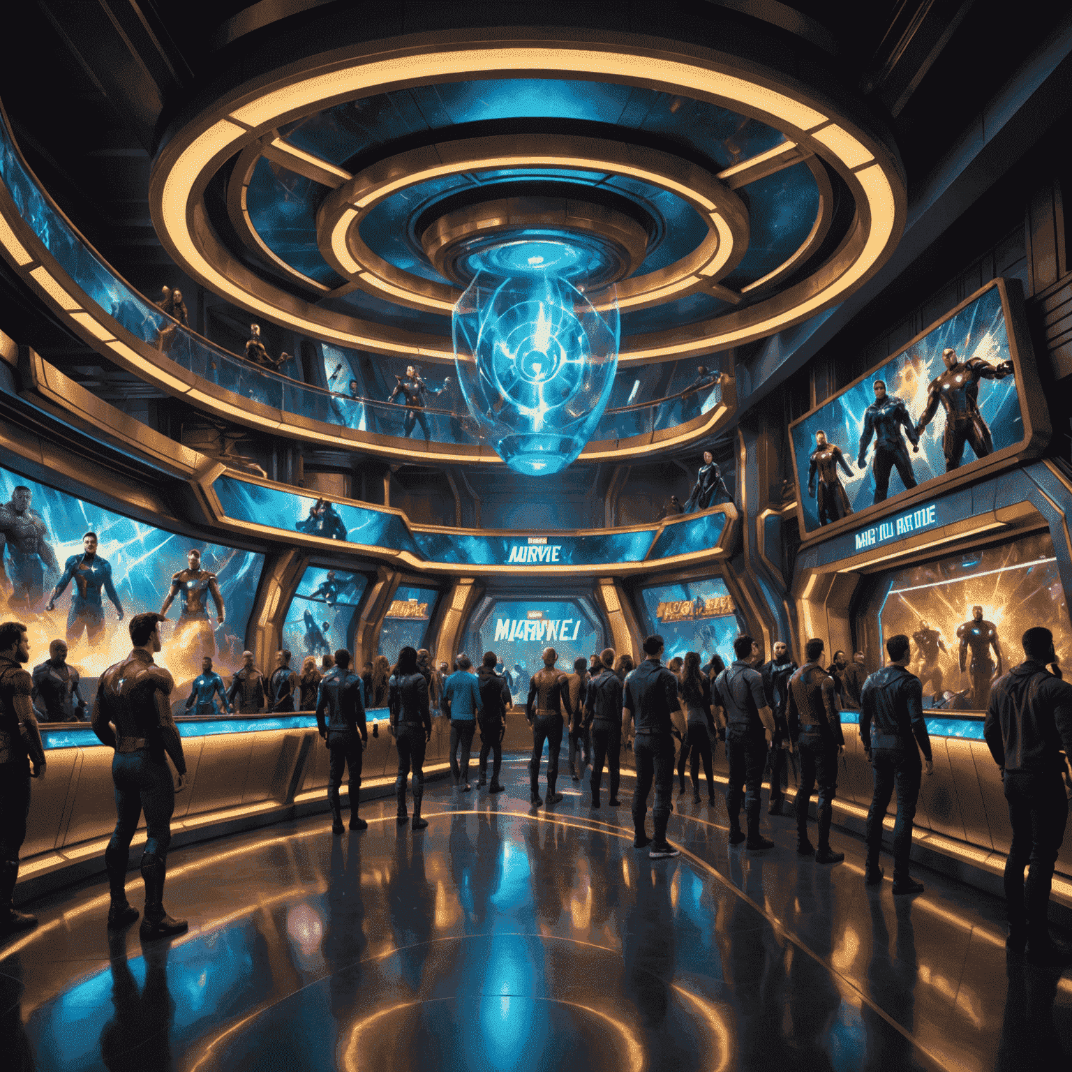 Concept art of the new Marvel ride showing a futuristic queue area with holographic displays of Marvel superheroes