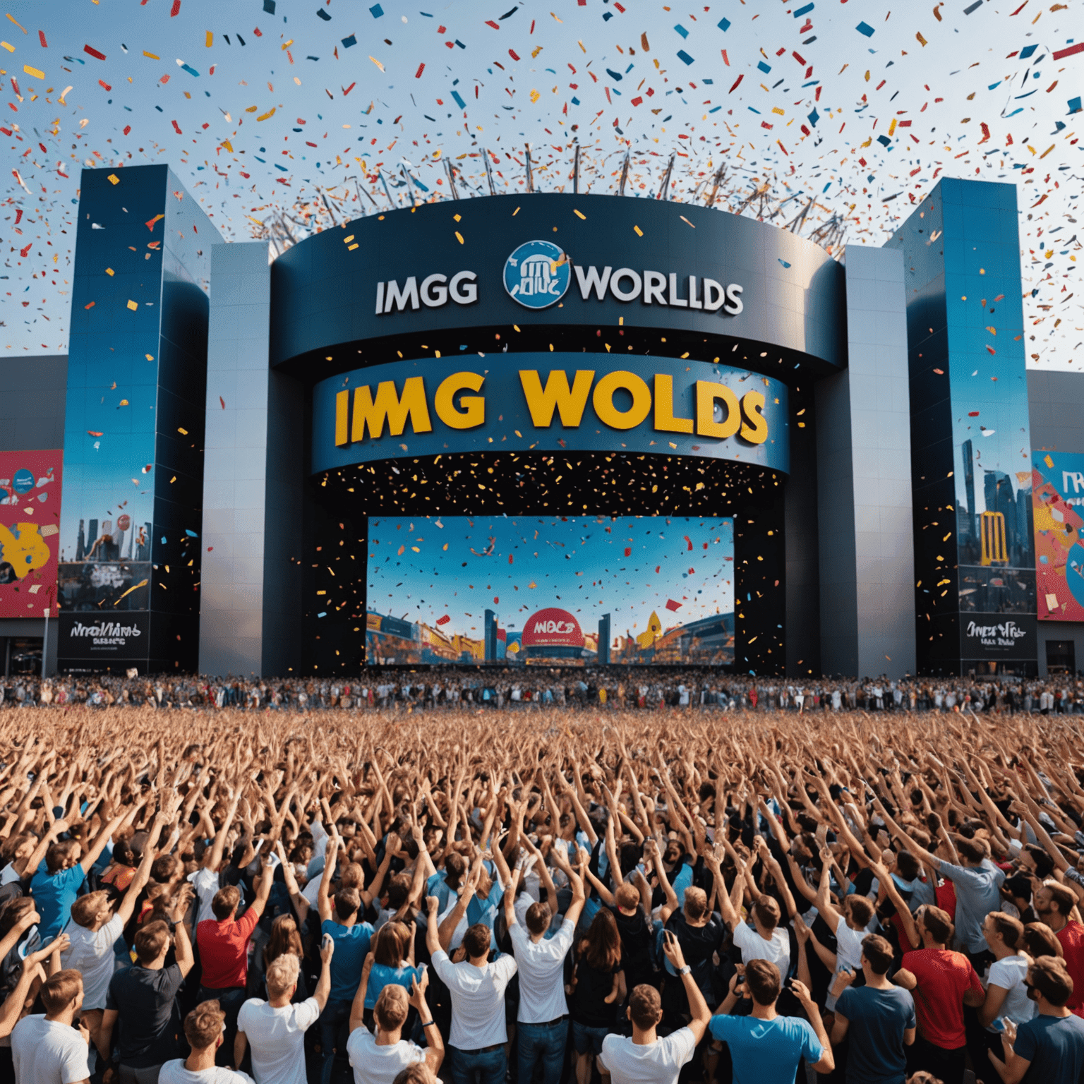 A celebratory image showing a diverse crowd of happy visitors in front of IMG Worlds' iconic entrance, with confetti and a large 'Record Breaking' banner